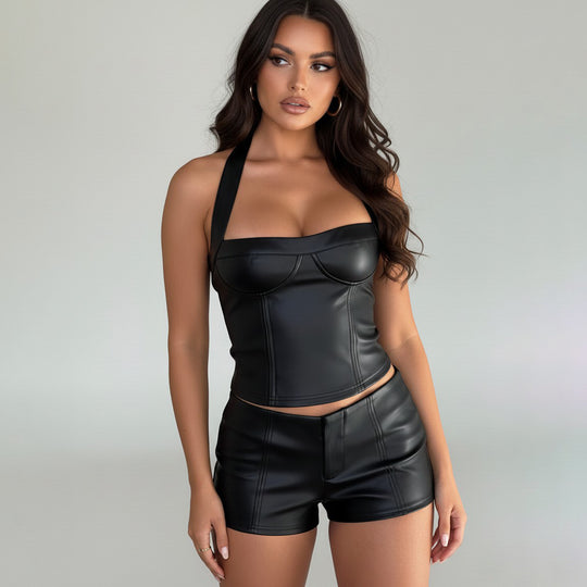 Damen Kunstleder Crop-Top mit romantischem Schnitt und verführerischem Bustier-Wirkung EB