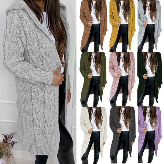Damen lange Strickjacke mit Kapuze und Zopfdesign EB
