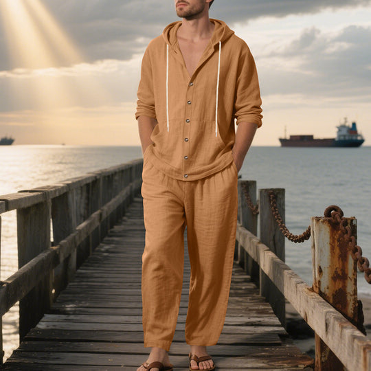 Herren nan legeres Leinen-Baumwoll-Ensemble mit Kapuzen-Oberteil und durchgehender Knopfleiste, Kängurutasche und knöchellanger weiter Hose EB