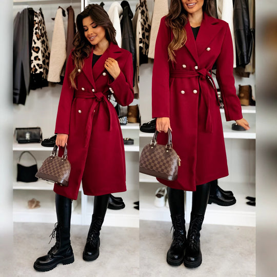 Damen eleganter Mantel mit Taillengürtel und doppelter Knopfblende EB