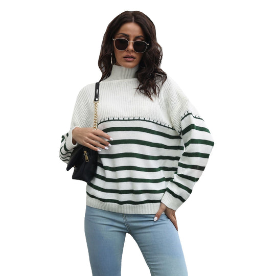 Damen Komfortabler Rollkragenpullover mit modernem Streifenmuster EB