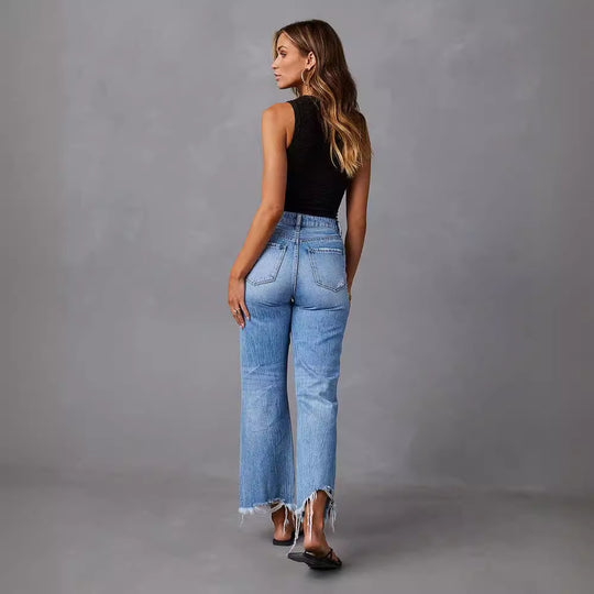Damen Flared Jeans mit Distressed-Effekten und hohem Bund EB