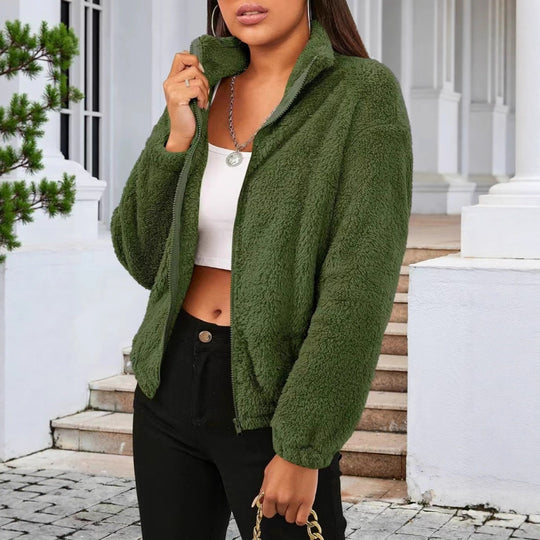 Damen Flauschige Fleecejacke mit hohem Kragen und seitlichen Taschen EB