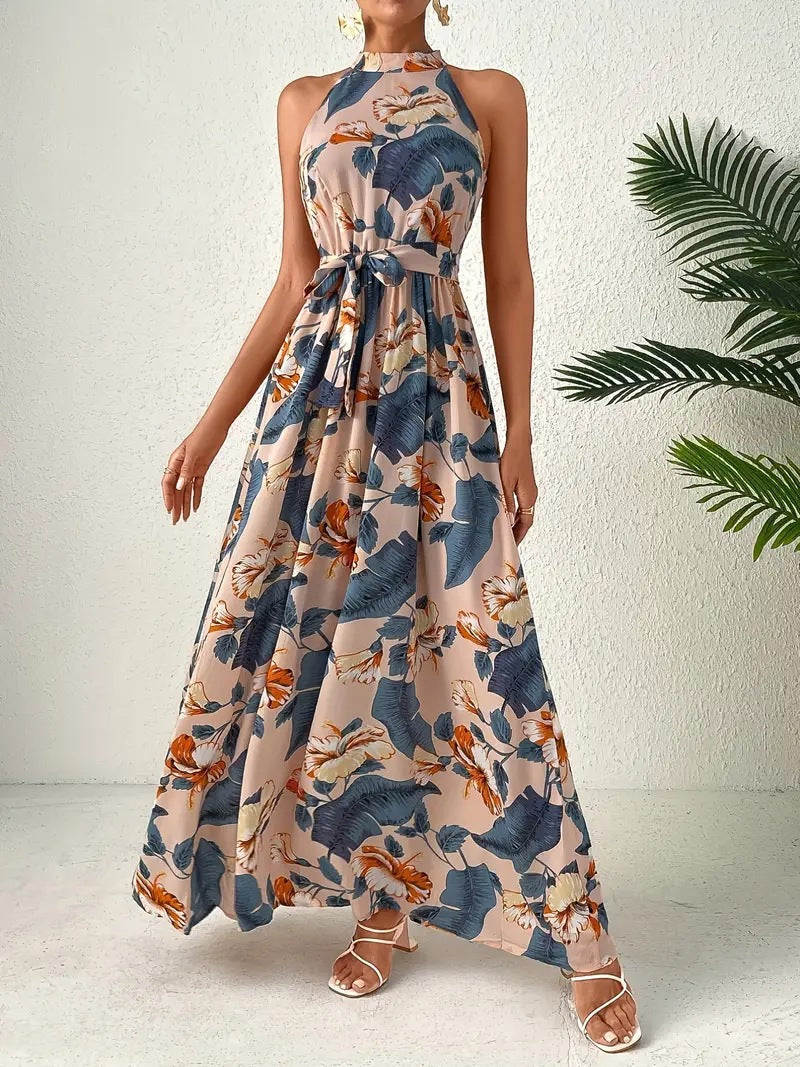 Damen Maxikleid Im Boho-Stil mit Hohem Kragen und Bindegürtel EB