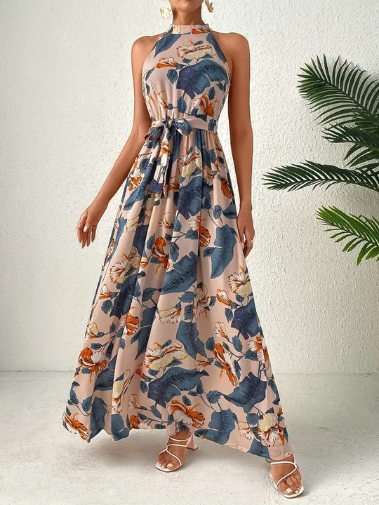 Damen Maxikleid Im Boho-Stil mit Hohem Kragen und Bindegürtel EB