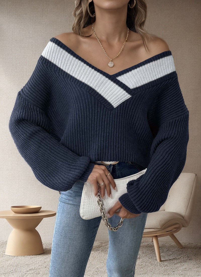 Damen oversized V-Pullover mit strukturiertem Rippstrickdesign EB