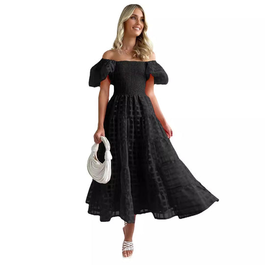 Damen Sommerliches Maxikleid mit voluminösen Puffärmeln und elastischem Taillenbereich EB