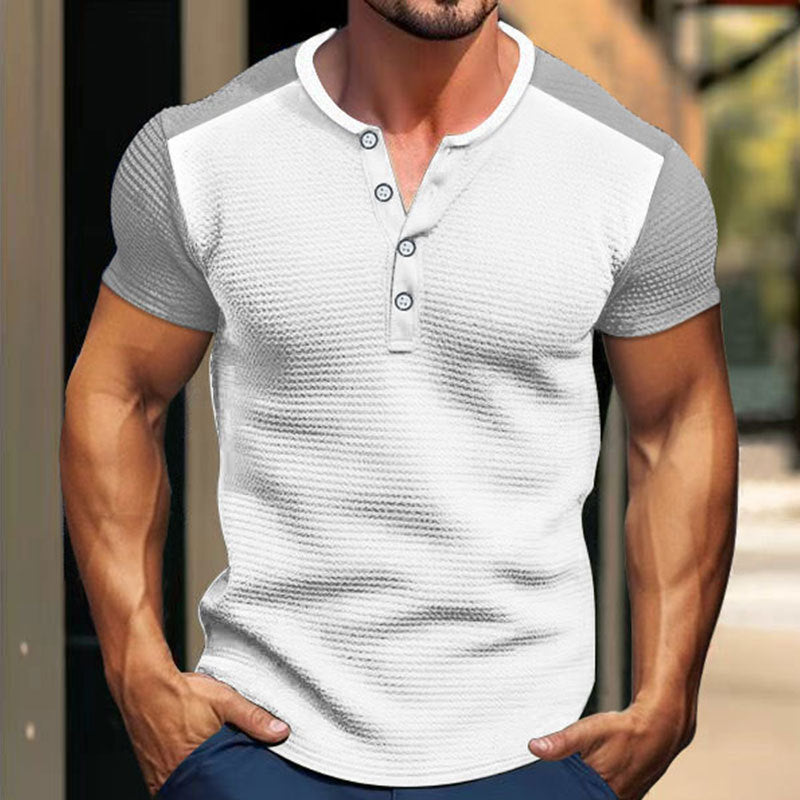 Herren Kurzarm-Hemd mit modischem Henley-Kragen und Kontrastärmel EB