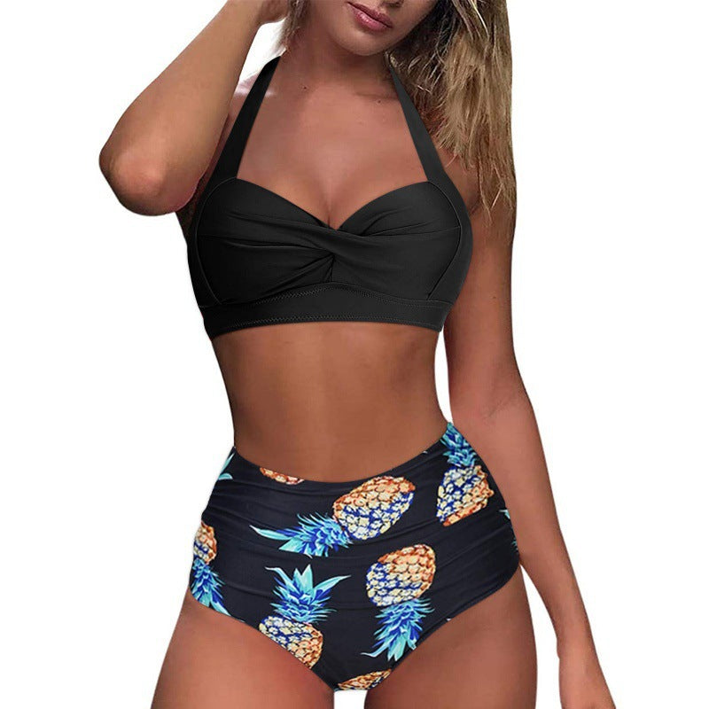 Damen Hochtaillierter Karobikini mit gerafftem Oberteil EB