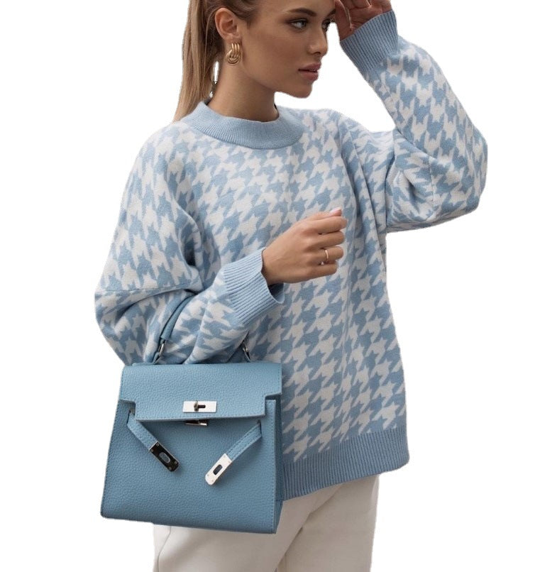 Damen Grobstrickpullover mit modernem Hahnentrittmuster und lässigem Schnitt EB