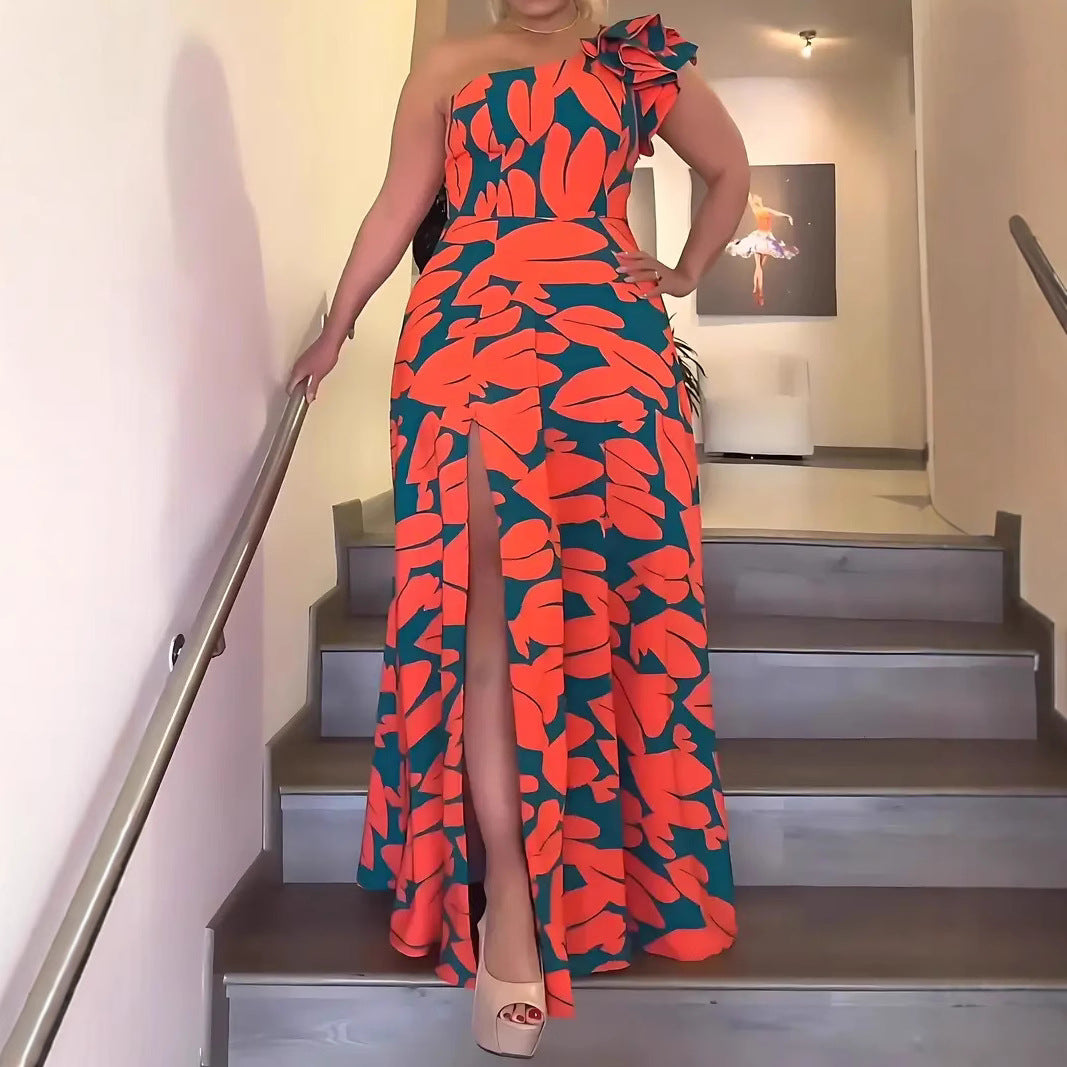 Damen Maxikleid mit asymmetrischen Rüschen und hohem Schlitz EB