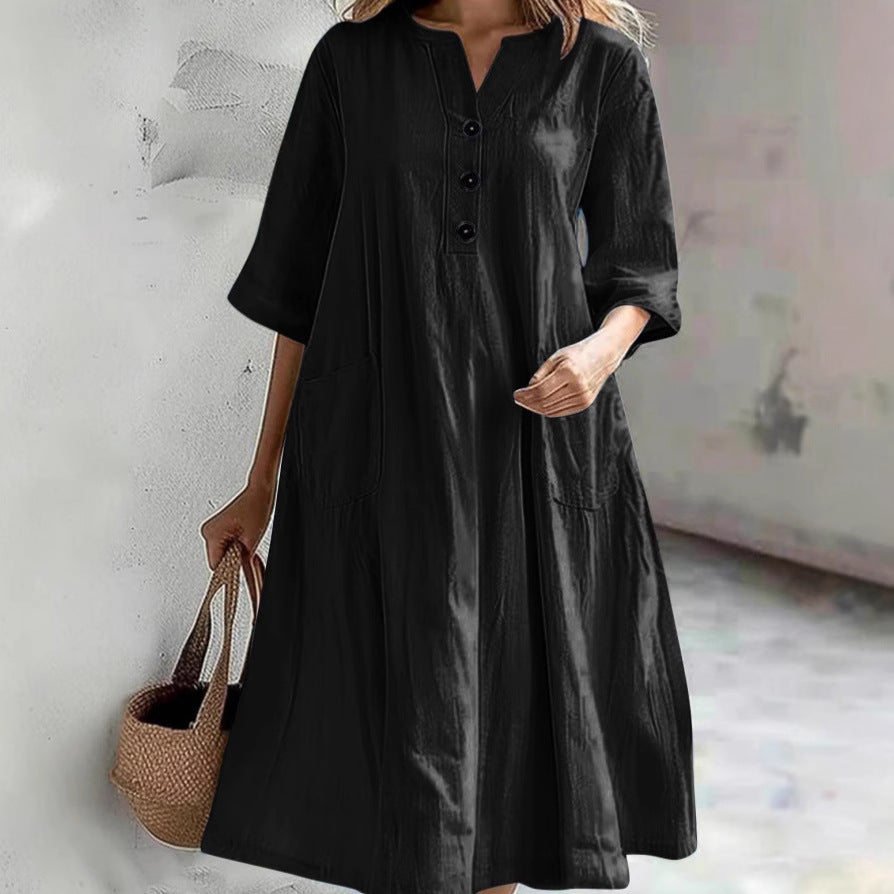 Damen lässiges Leinenkleid mit praktischen Taschen und Knopfdetails EB