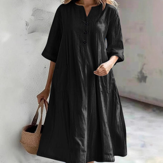 Damen lässiges Leinenkleid mit praktischen Taschen und Knopfdetails EB