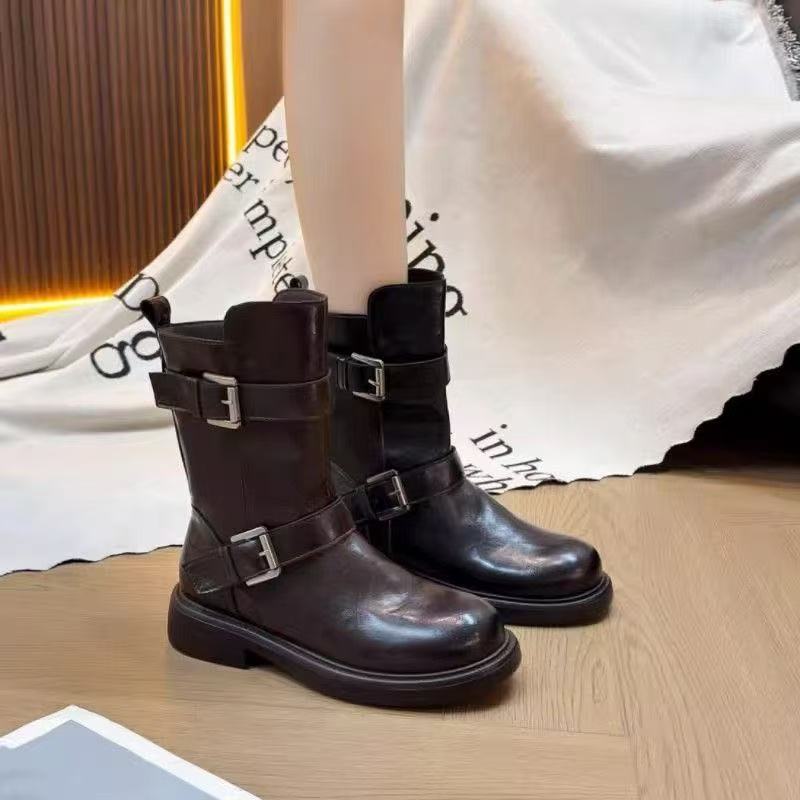 Damen Modische Stiefel mit stilvollem Schnallen-Design und robuster Sohle EB