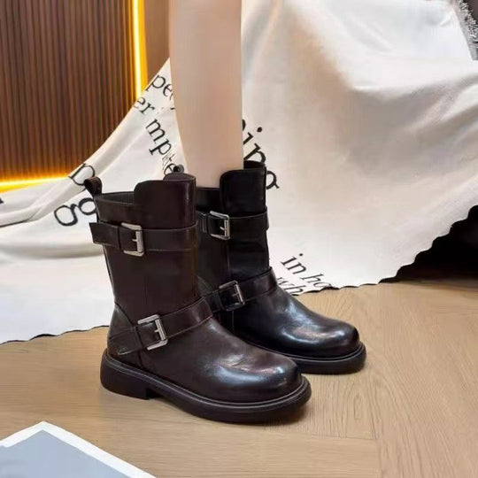 Damen Modische Stiefel mit stilvollem Schnallen-Design und robuster Sohle EB