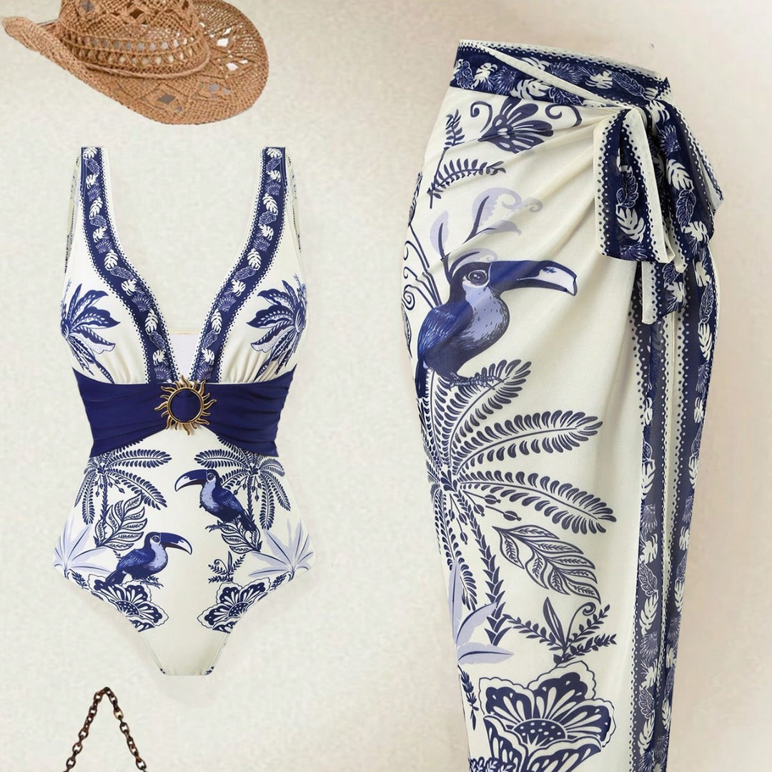 Damen Einteiliger Badeanzug mit floralem Design und elegantem Wickelrock EB