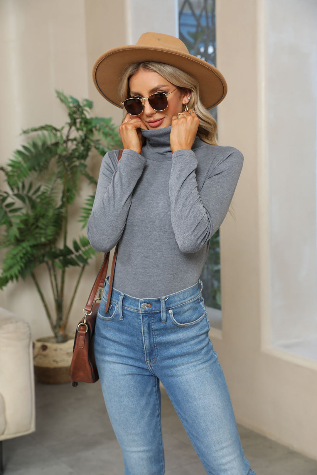 Damen Figurnahe Stretch-Jersey Rollkragenoberteil mit langem Arm EB