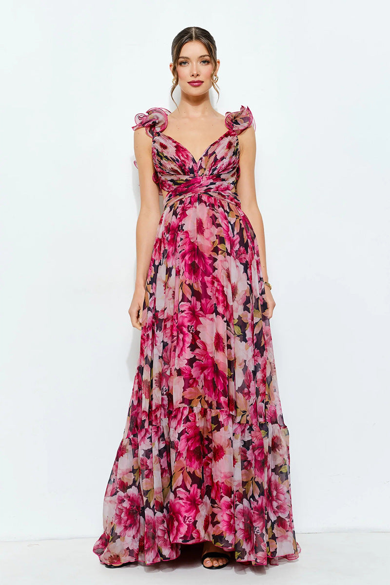 Damen Maxikleid mit luftigen Rüschendetails und ausgefallenem Wickeldesign EB