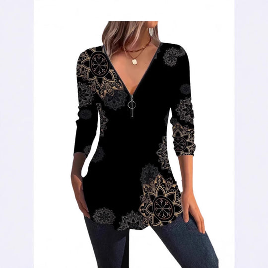 Damen Bluse mit floralen Mustern und V-Ausschnitt EB