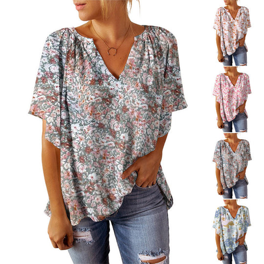 Damen luftiges V-Ausschnitt Blusenshirt mit floralem Muster EB