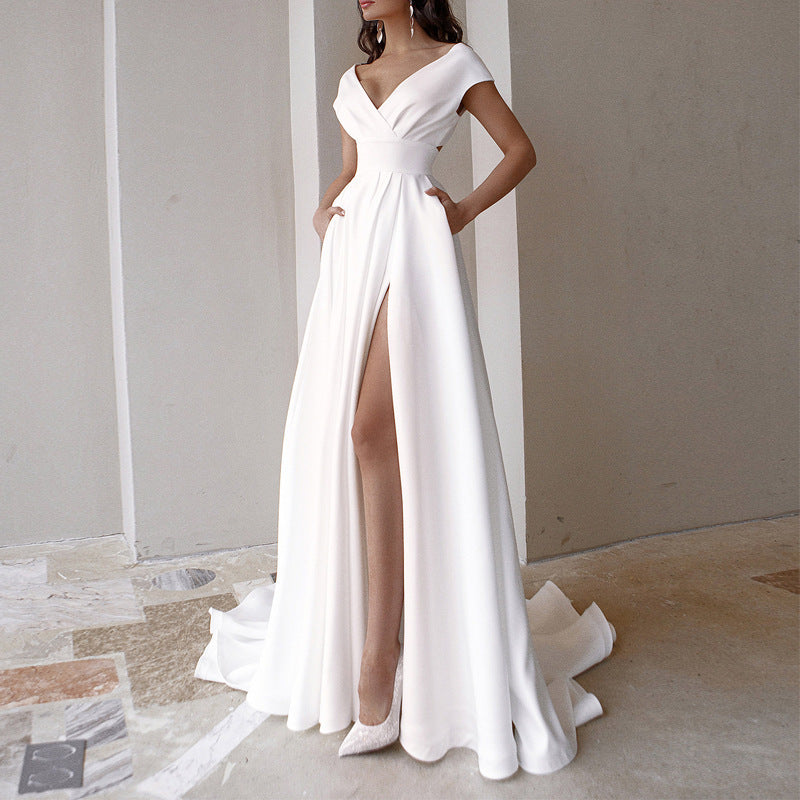 Damen elegantes Maxikleid mit tiefem V-Ausschnitt und seitlichem Schlitz EB