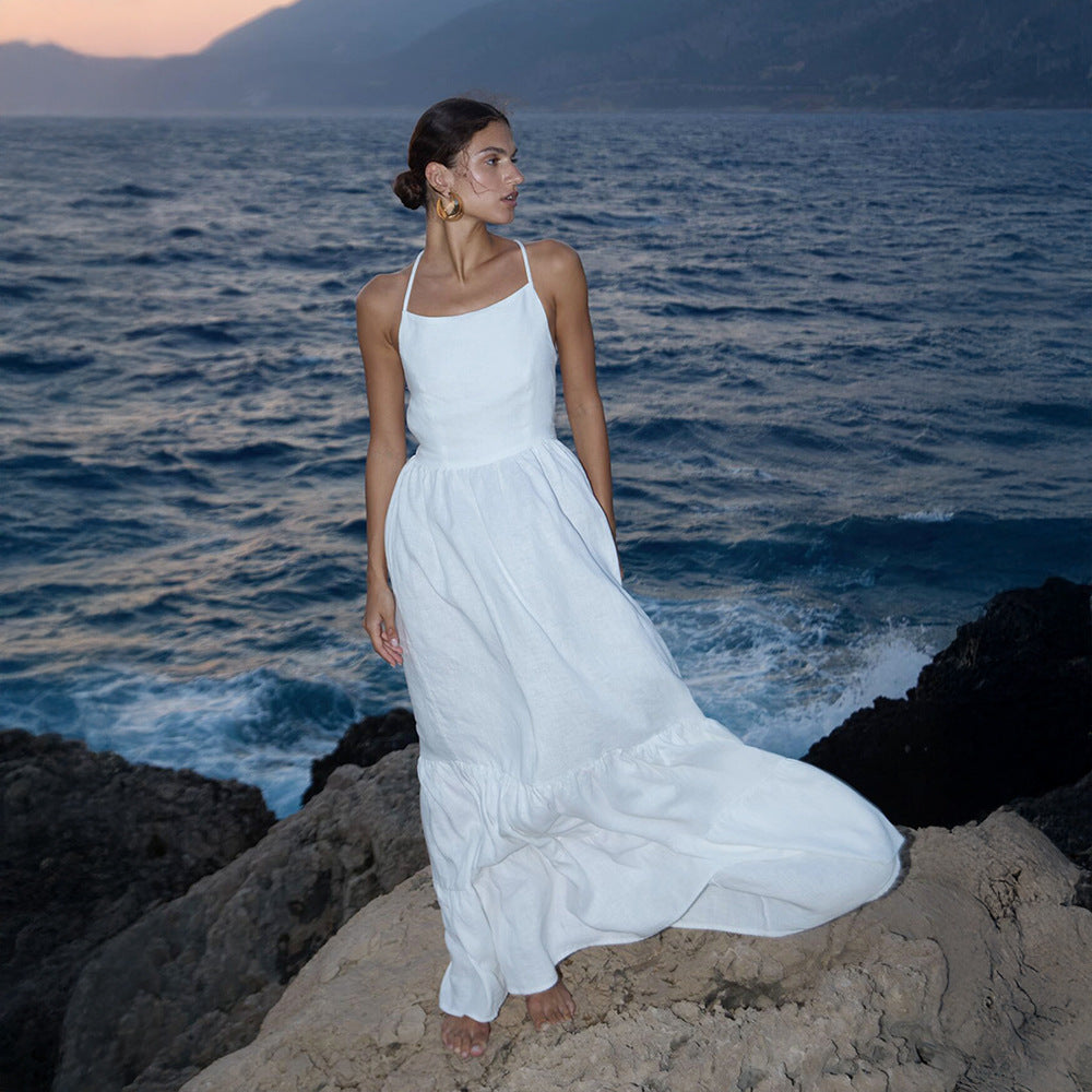 Damen Elegantes Maxikleid aus Leinen mit Querriemen EB