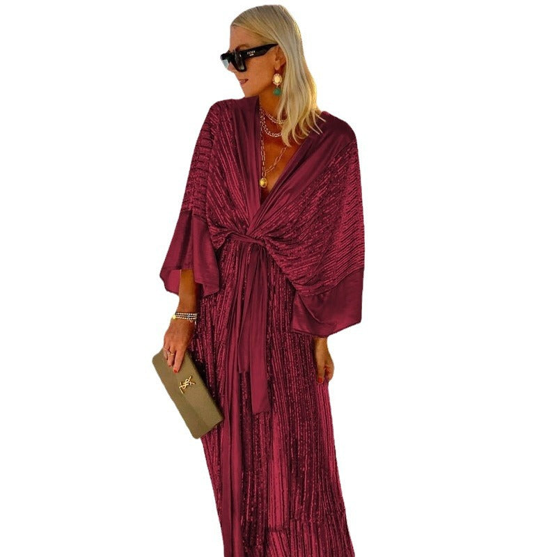 Damen Glitzerndes Maxikleid mit elegantem Wickeldesign und fließenden Ärmeln EB