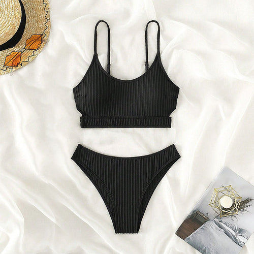 Damen Hochtailliertes Bikini-Set mit gedämpfter Rippstruktur EB