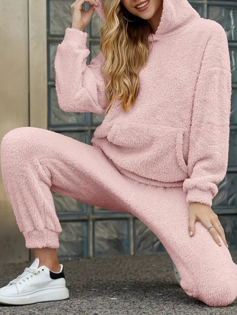 Damen nan kuscheliges Teddy-Fleece Hausanzug-Set mit Kapuze, Kängurutasche und elastischer Jogginghose EB