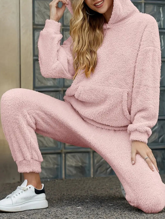 Damen nan kuscheliges Teddy-Fleece Hausanzug-Set mit Kapuze, Kängurutasche und elastischer Jogginghose EB