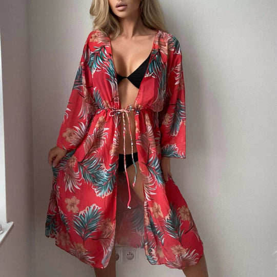 Damen luftiger Strandkimono mit floralen Motiven EB