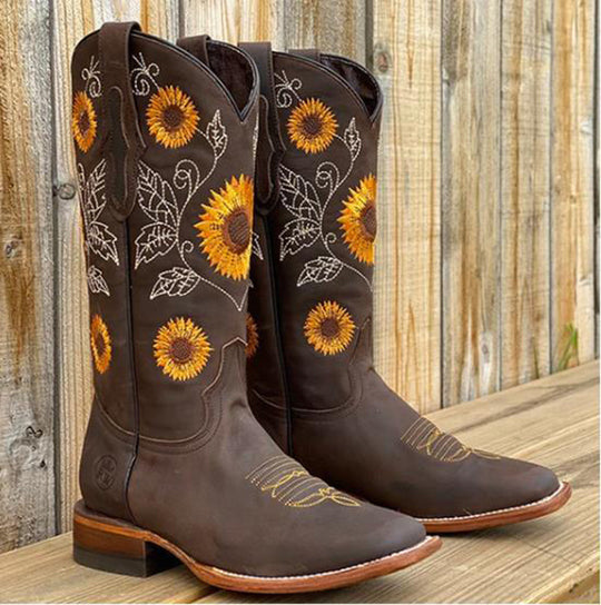 Damen Western-Stiefel mit Sonnenblumen-Stickerei und mittelhohem Blockabsatz EB