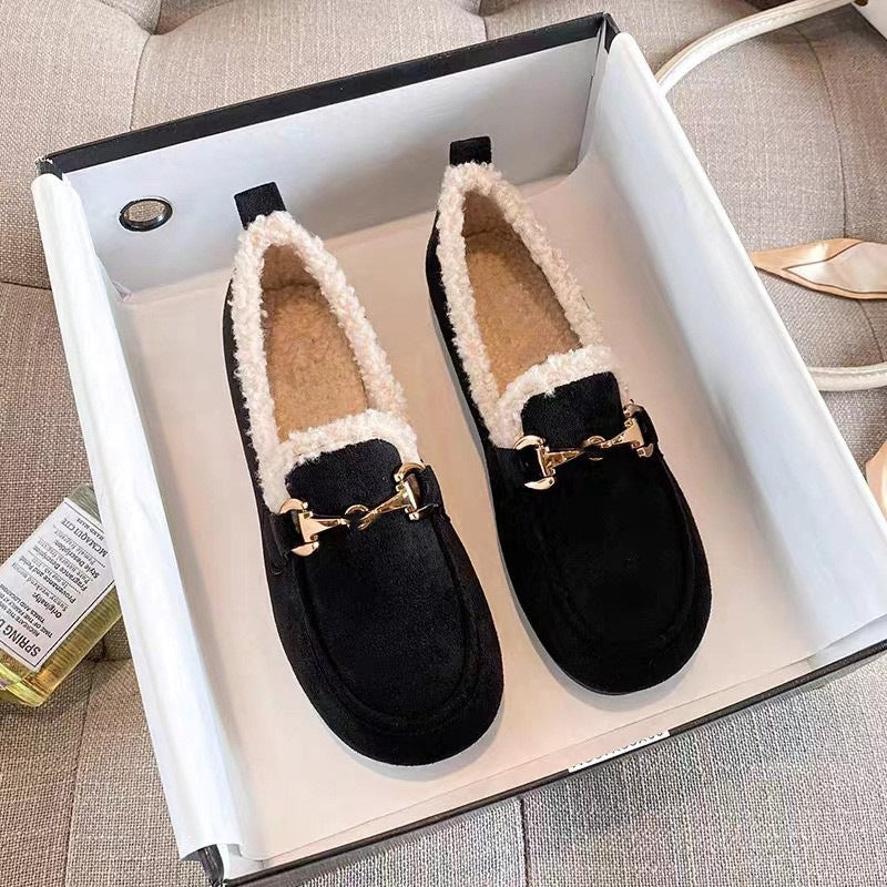 Damen Flauschige Mokassins mit elegantem Kunstfellkragen und modischen Details EB