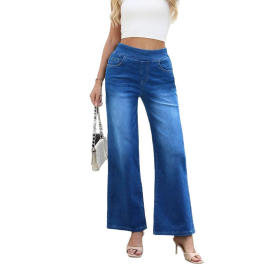 Damen Weite Jeanshose im lässigen Stil mit hohem Bund und funktionalen Taschen EB