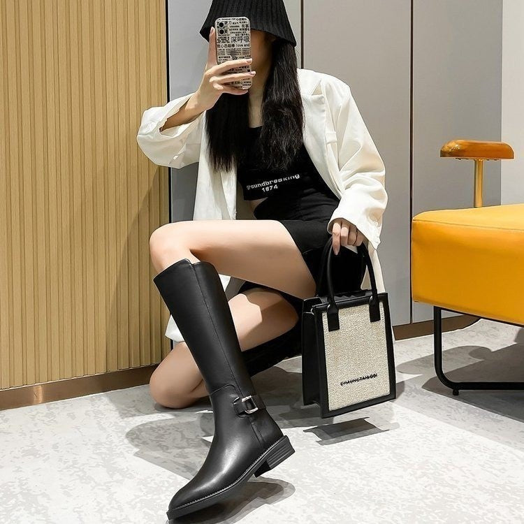 Damen klassische Stiefel mit modischen Schnallen und komfortabler Sohle EB