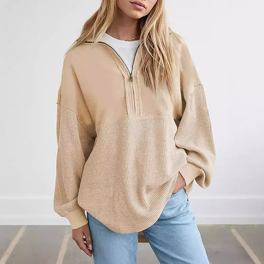 Damen lässiger Kapuzenpullover mit halblangem Reißverschluss und strukturiertem Material EB