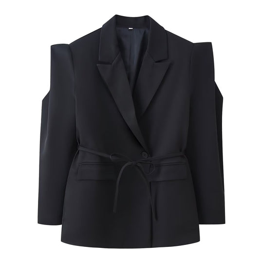 Damen nan taillierter Blazer mit Bindegürtel, Reverskragen und Schulterpolstern EB