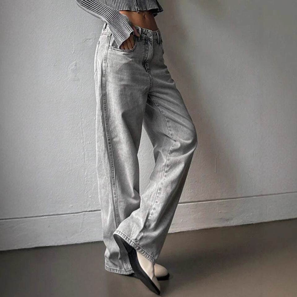 Damen weite Jeans im lässigen Vintage-Design mit hoher Taille und beständigem Stoff EB