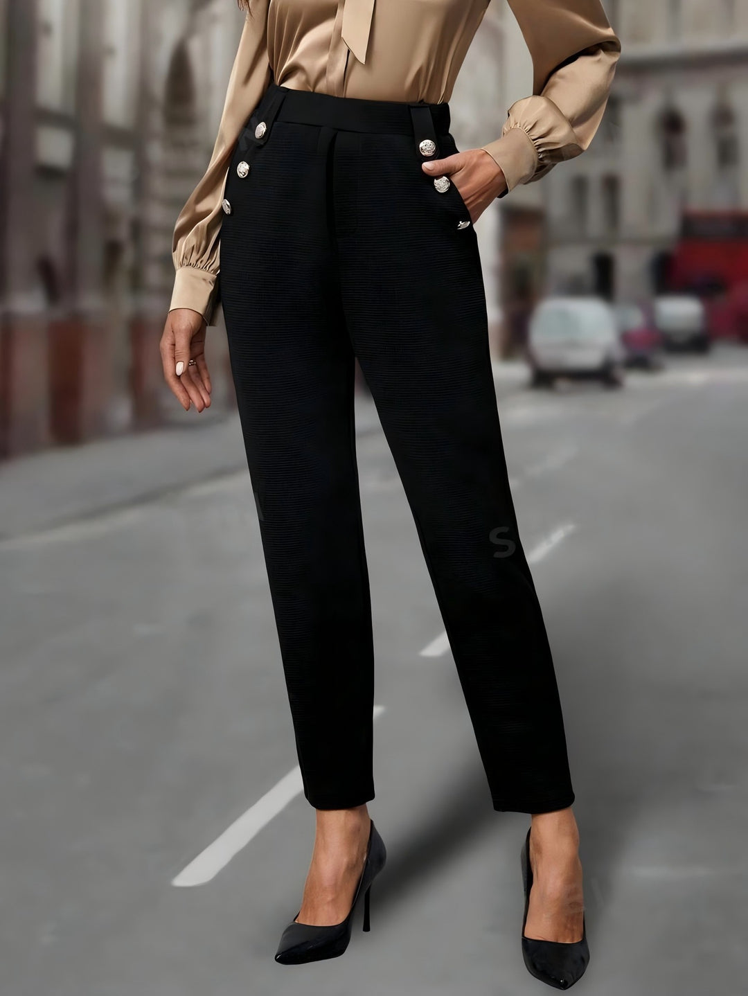 Damen elegante Anzughose mit doppeltem Knopfverschluss und schmalem Bein EB