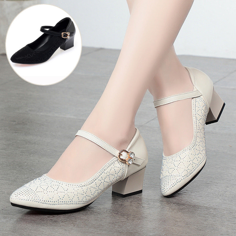 Damen Elegante Mary Jane Pumps mit funkelndem Strassbesatz und komfortablem Blockabsatz EB