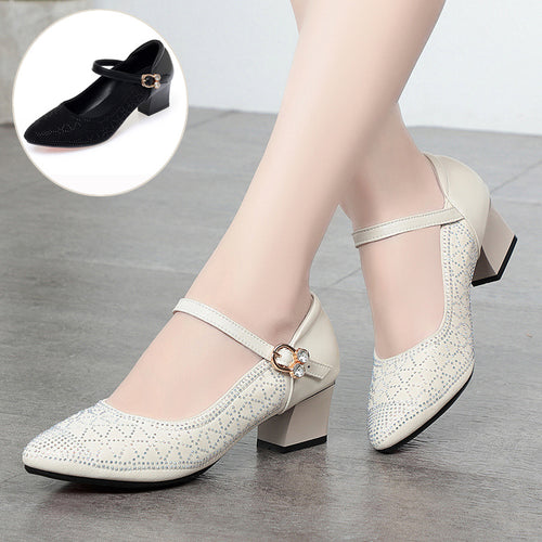 Damen Elegante Mary Jane Pumps mit funkelndem Strassbesatz und komfortablem Blockabsatz EB