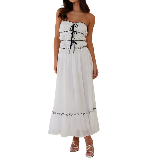 Damen Maxikleid mit dekorativen Rüschendetails und verstellbarem Bindegürtel EB