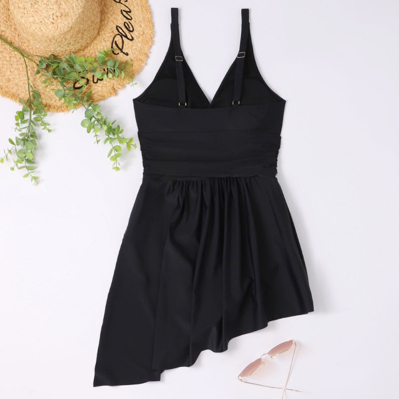 Damen eleganter Einteiler Badeanzug mit asymmetrischem Rock und verstellbaren Trägern EB
