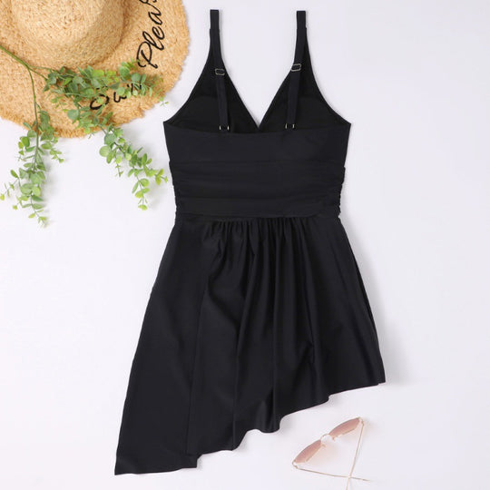 Damen eleganter Einteiler Badeanzug mit asymmetrischem Rock und verstellbaren Trägern EB