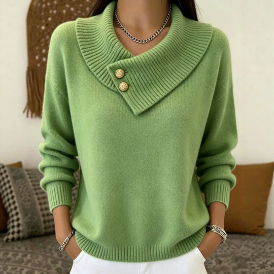 Damen Feinstrick-Pullover mit überlappendem Schalkragen und Zierknöpfen EB