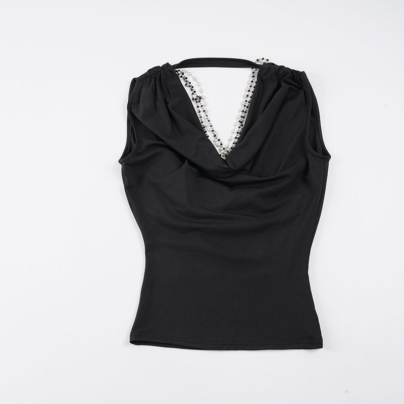 Damen elegantes Cowl Neck Tanktop mit feinen Perlenverzierungen EB