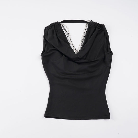Damen elegantes Cowl Neck Tanktop mit feinen Perlenverzierungen EB
