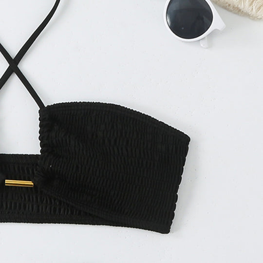 Damen Bikini-Set mit gerafftem Bandeau-Oberteil und hoch geschnittenen Höschen EB