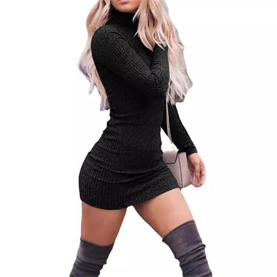 Damen nan figurbetontes gestricktes Rollkragen-Minikleid mit Rippstruktur EB