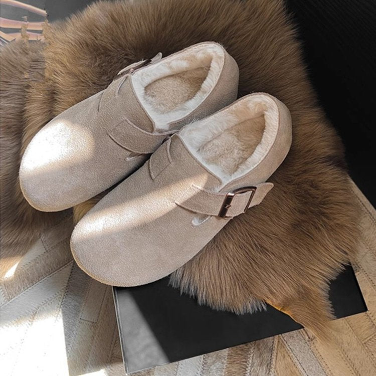 Damen bequeme Filzclogs mit weichem Kunstfellfutter und modischem Schnallenverschluss EB